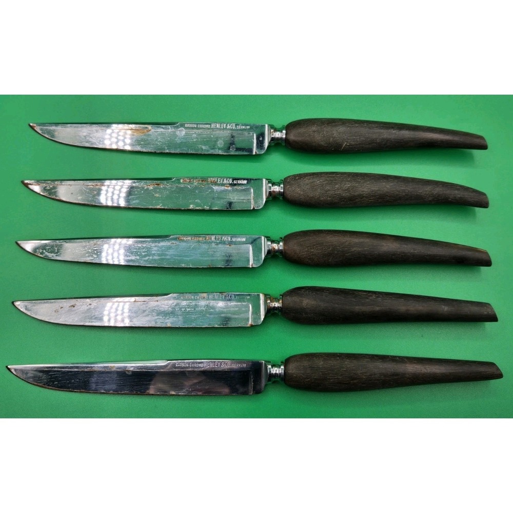 Vintage Carbon Chrome Henley & Co Germany Steak Knives Set Of 5